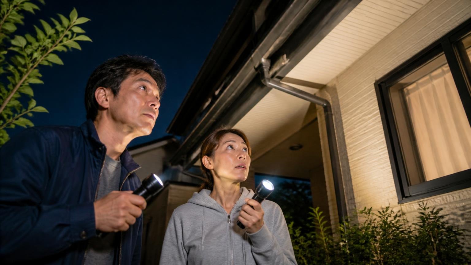 超音波を遮る説明をうのみにしない理由|夜の住宅の軒下を見上げる庭先|男女2人が懐中電灯を手に真剣な表情