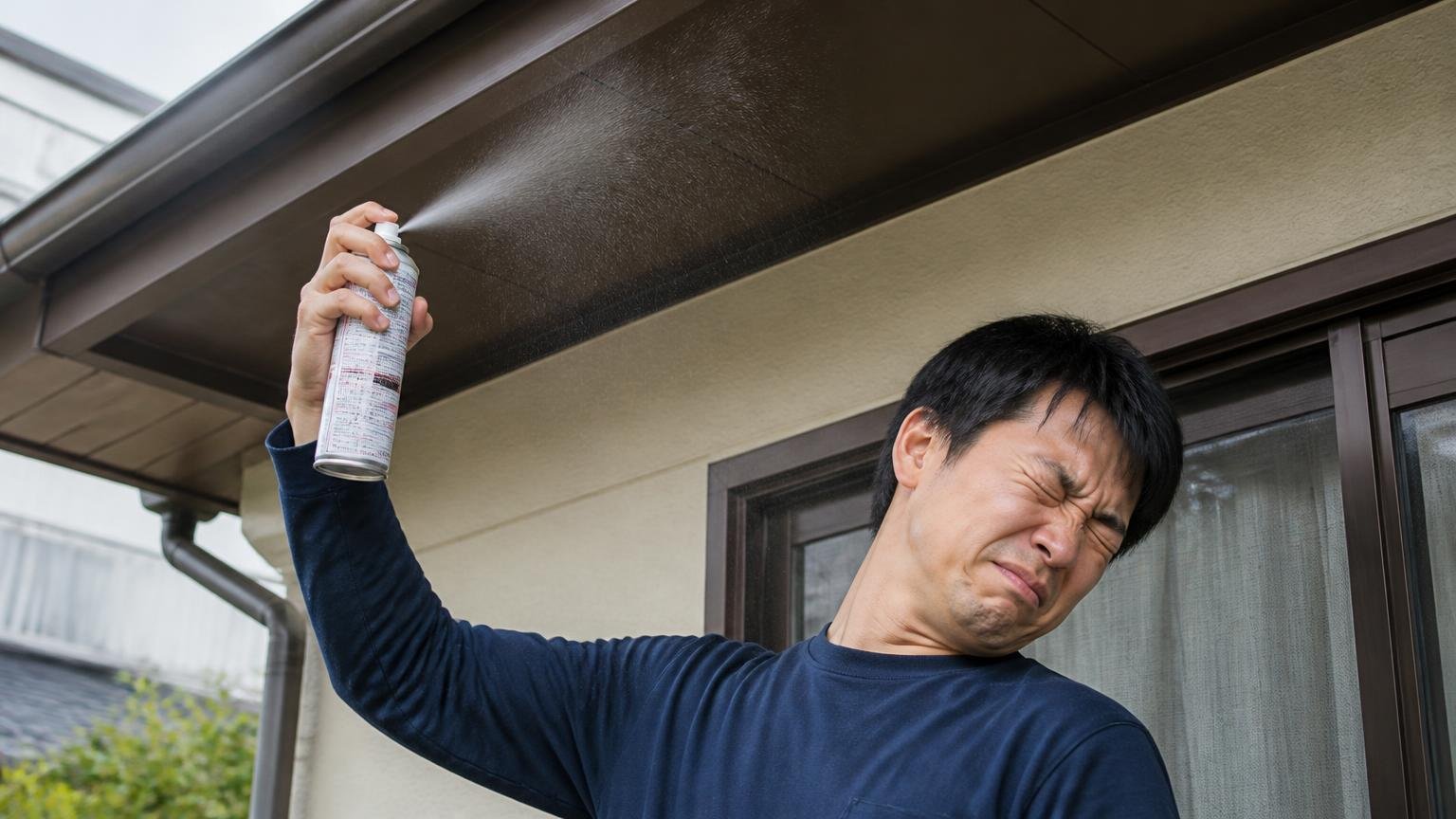 上を向いて噴射すれば薬剤は自分に落ちてくる|住宅の軒下で男性1人が上向き噴射し顔をそむける