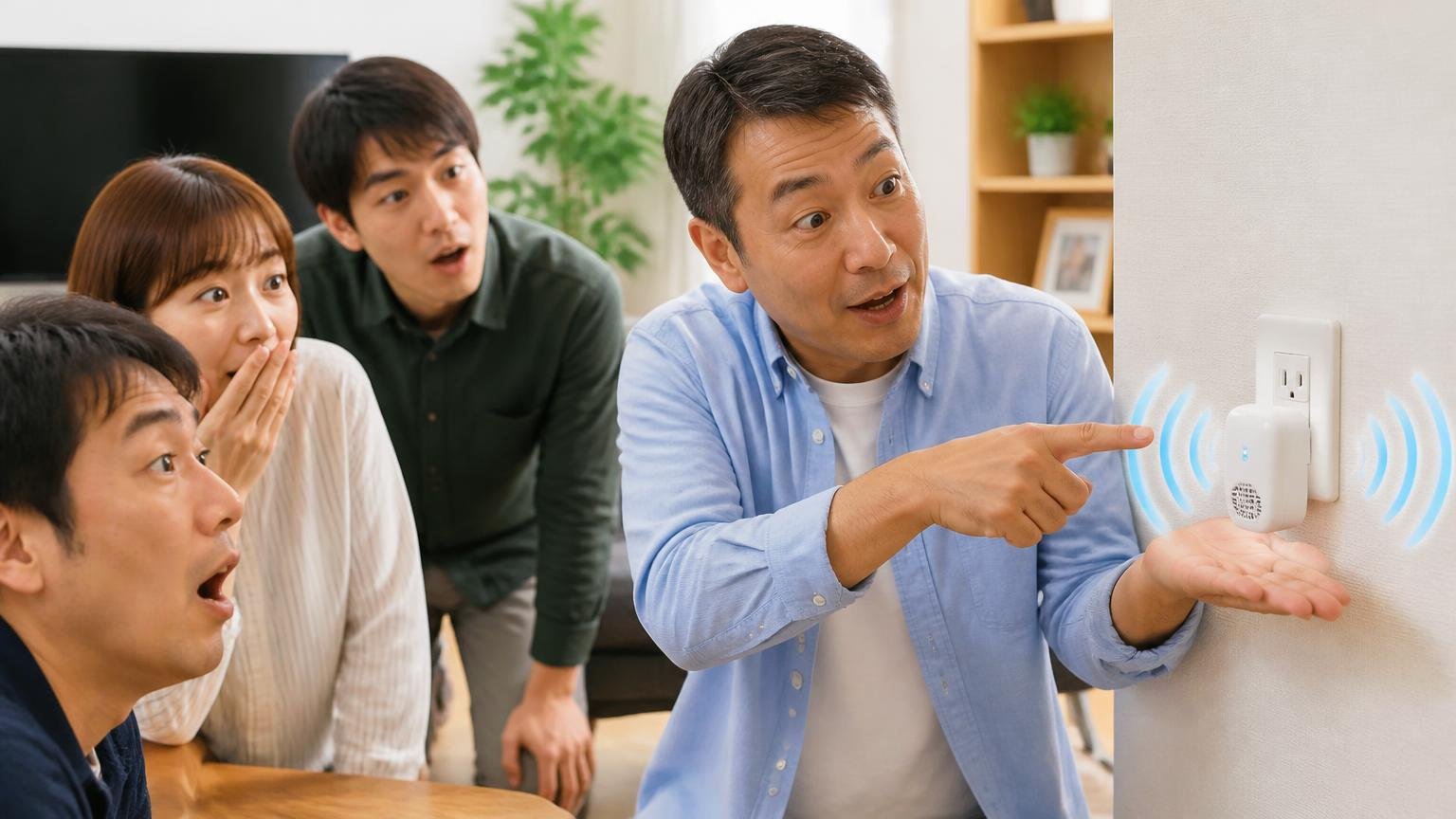 超音波と電磁波の仕組みを知る場面。リビングの壁のコンセントに小型機器を差し込む40代男性が指さして説明する