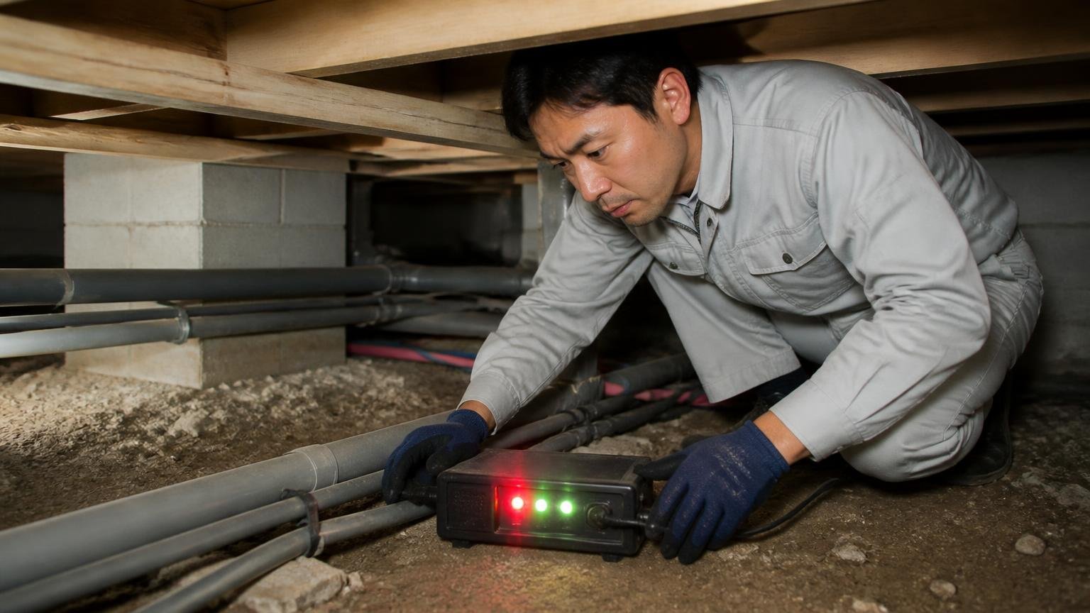 赤と緑のLEDが点滅する装置 住宅の床下に1人の作業員がしゃがみ装置を置いて確認する