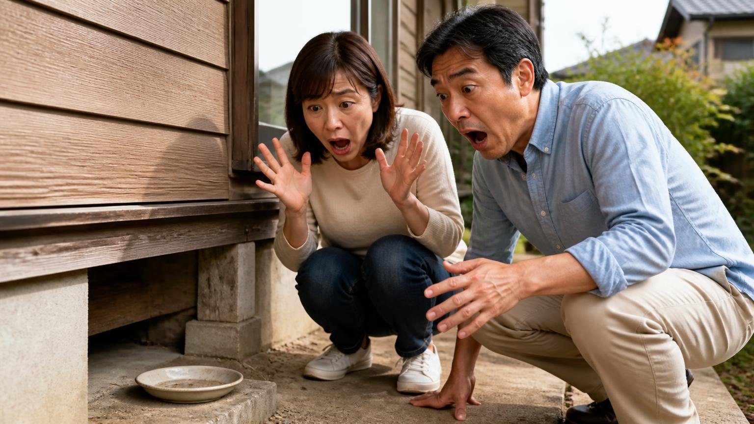 毒餌が効いたという口コミ 木造戸建ての軒下 家族2人 空になった毒餌の皿を見て驚く