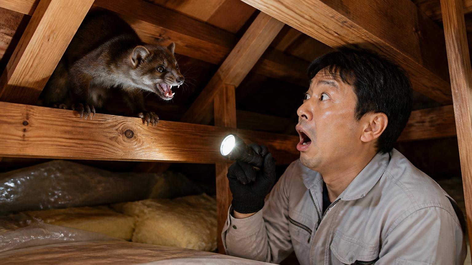 天井裏の音の主はネズミとは限らない 木造戸建ての天井裏 作業員1人 懐中電灯で照らし驚く