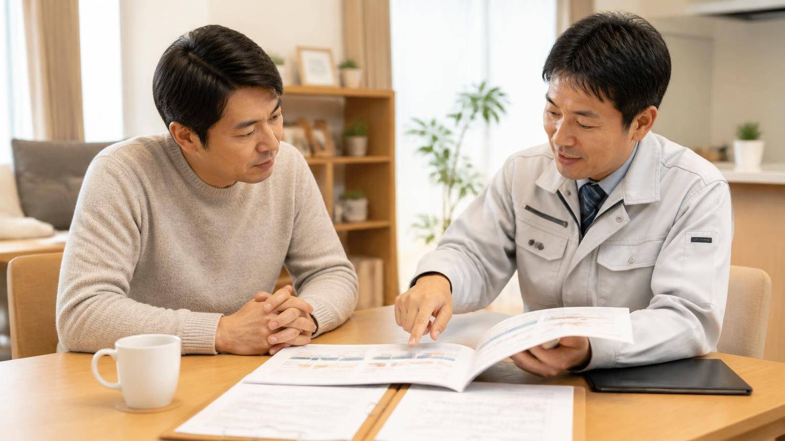 運営会社・対応エリア・受付時間の基本情報 住宅のリビングで業者と打ち合わせるテーブル 40代男性と作業員の2人 資料を指さして説明する