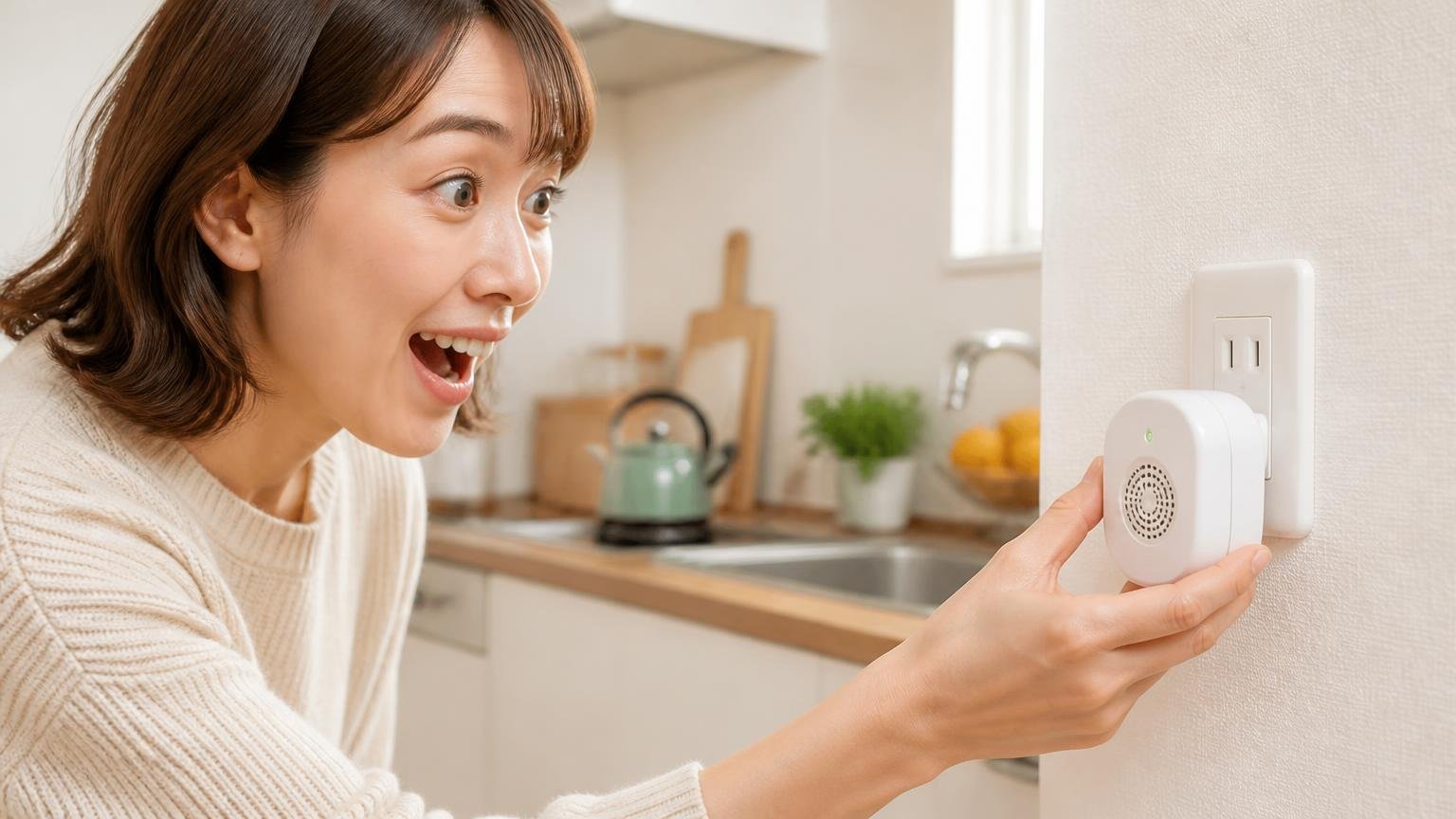 手のひらサイズの超音波発生器。住宅の台所でコンセントに機器を差し込む30代女性の手元
