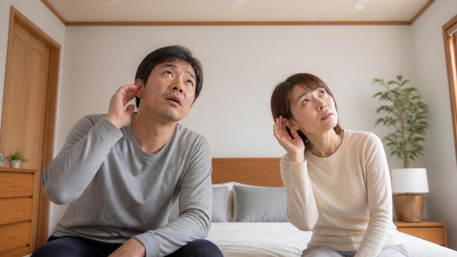 設置から1〜2週間じっくり待つ｜木造戸建ての寝室で夫婦2人が天井を見上げ耳を澄ます