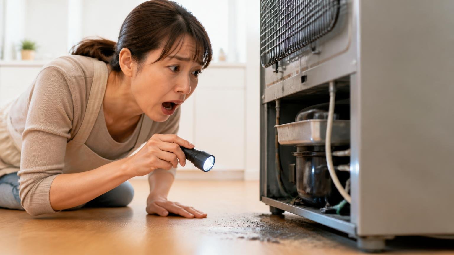 ラットサインを探す。住宅の冷蔵庫の裏をのぞき込む主婦1人が黒い汚れを見つけ驚いた表情