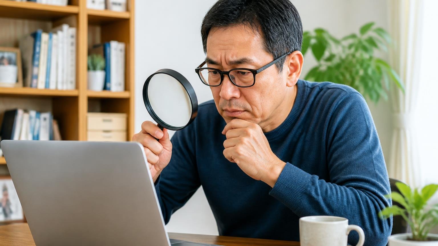 運営会社と所在地を確認する|自宅のパソコン前で会社概要ページを拡大して確かめる50代男性1人