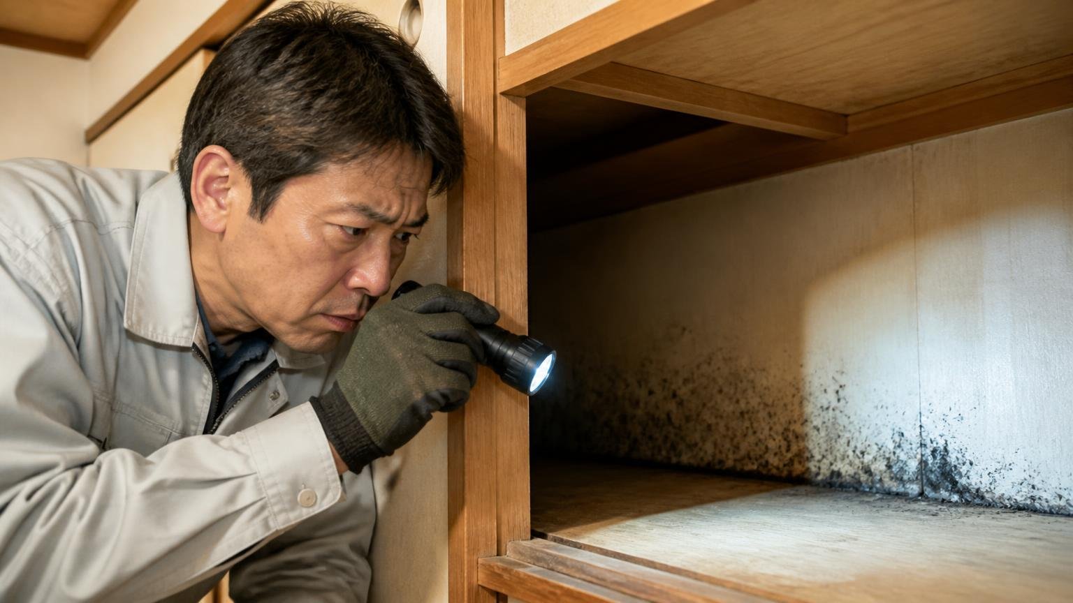 ラットサインを探してネズミの通り道を見つける、木造戸建ての押し入れの奥で40代男性が懐中電灯を斜めに当てて黒い汚れを確認する