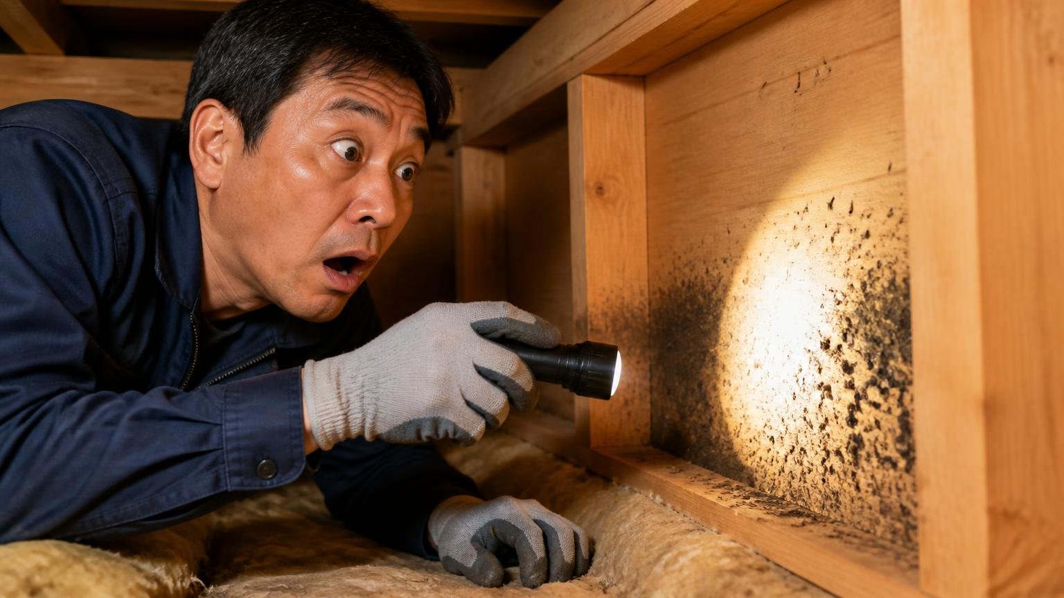 ラットサインの探し方|木造戸建ての天井裏で懐中電灯を壁ぎわに当てる男性1人が黒い汚れを見つけ目を見開く
