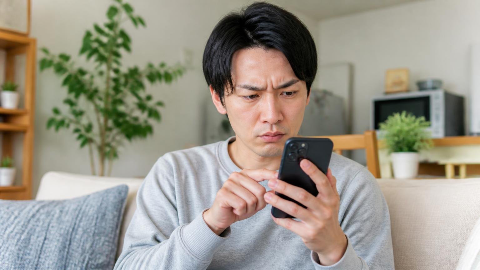 Amazonでは星3つが最多クラス・リビングでスマホのレビュー画面を見る・住人1人・眉をひそめて画面をスクロールする