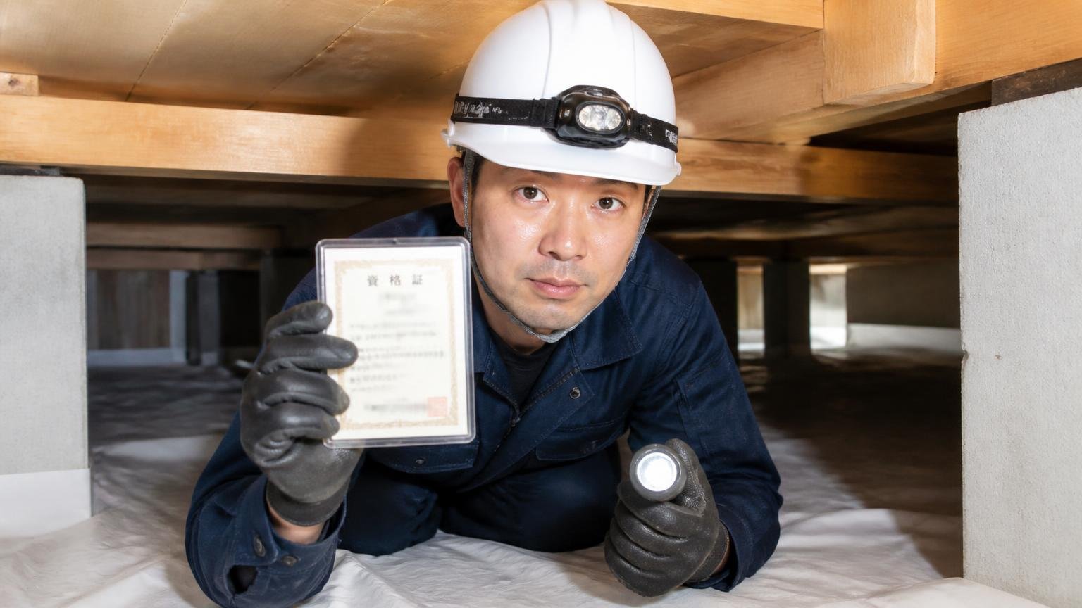 会社概要と公開されている資格 住宅の床下で点検する作業員1名 資格証を手にまじめな表情