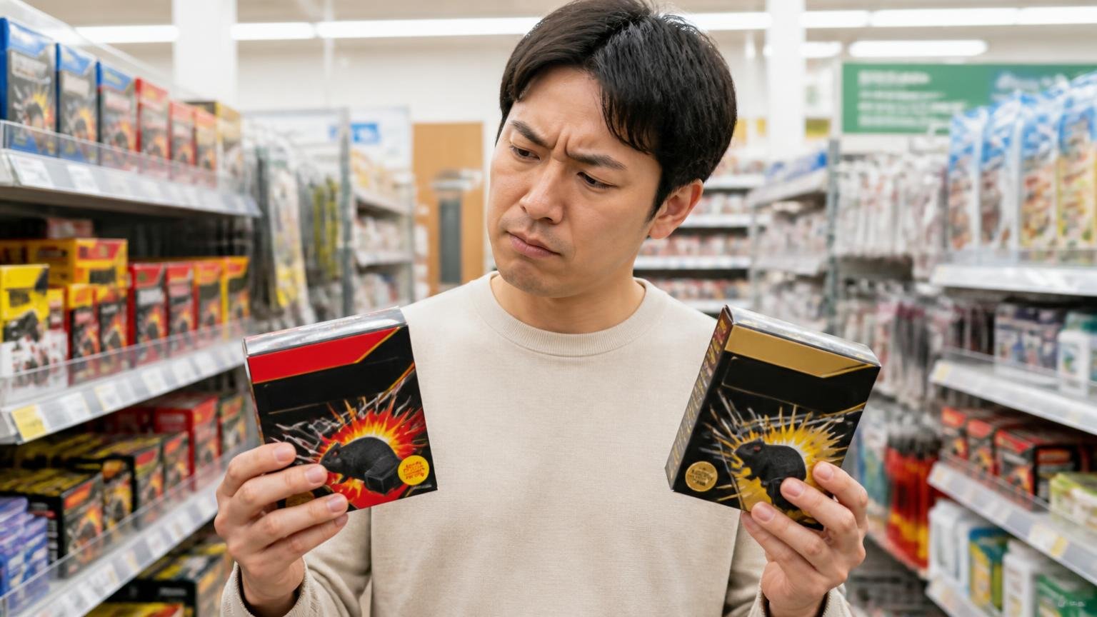 通常のデスモアとデスモアプロの違いを比べる。ホームセンターの売り場で男性1人が2つの箱を持ち比べて眉をひそめる