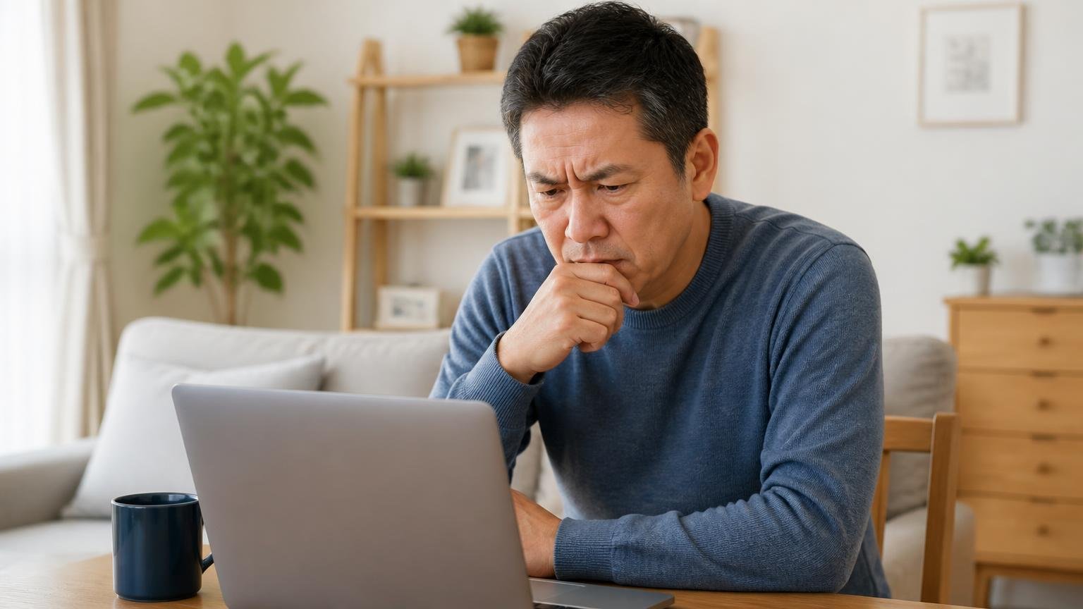Amazonのレビュー評価を確認する場面 自宅のリビングでノートパソコンを見る 50代男性が眉をひそめる表情