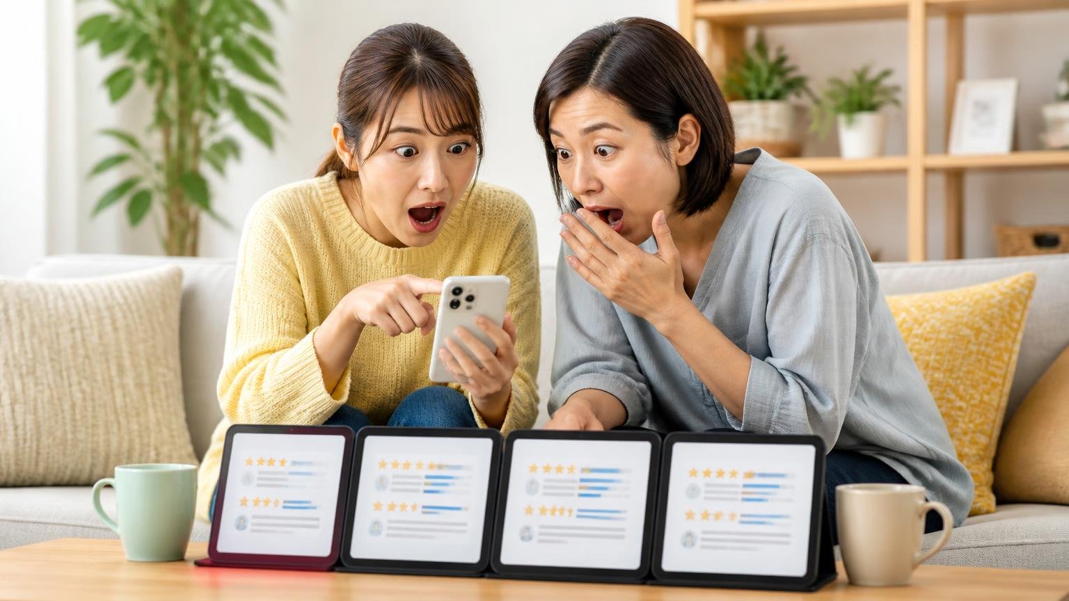 4サイトの評価を並べてみた/リビングでスマホを見る女性2人が驚いた表情でレビューを見比べる