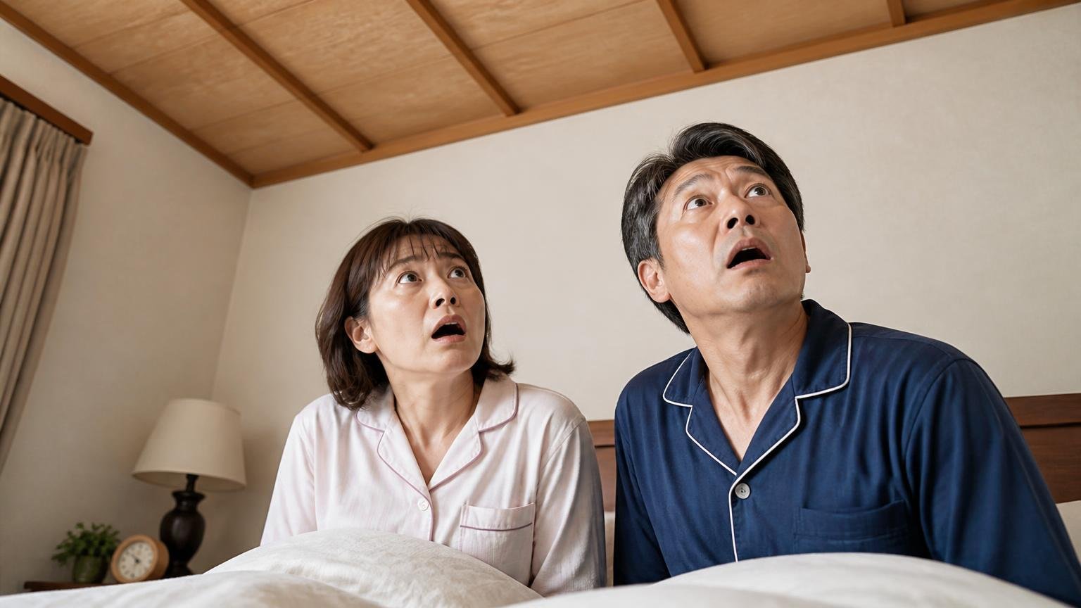 数日で物音が止まったという声。木造戸建ての寝室で天井を見上げる夫婦2人が驚いた表情