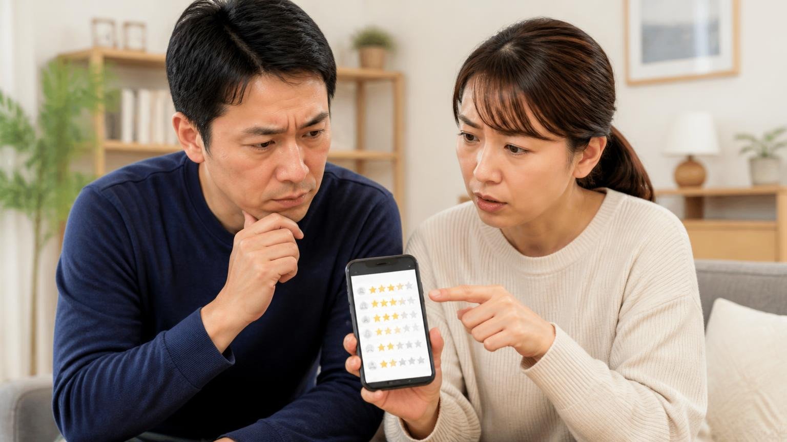 星の内訳は★5が198件で★1が23件。リビングでスマホの口コミ画面を見ながら夫婦2人が真剣な表情で話し合っている