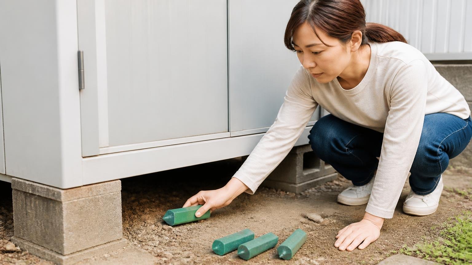 クレヨン型忌避剤110円の特徴と使い方。住宅の物置の下で女性1人がしゃがみ真剣に設置
