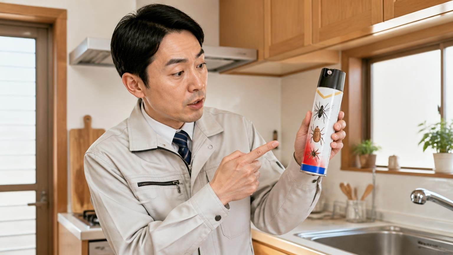 ピレスロイドは虫の神経に作用する成分。木造戸建てのキッチンで殺虫剤のラベルを指さす作業着の男性
