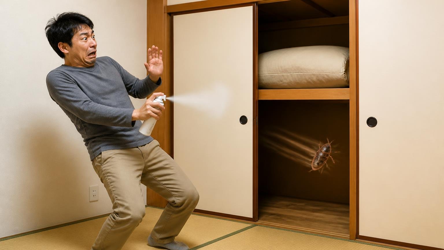 ピレスロイドには嫌がって近づかない飛び出す性質がある|和室の押入れの前でスプレーを構える|30代男性1人|身をのけぞらせて驚く