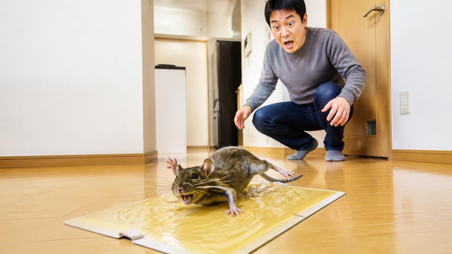 暴れるのはまだ捕まりきっていない合図、住宅の床に置いた粘着シート、離れて見つめる男性1人、驚いた表情