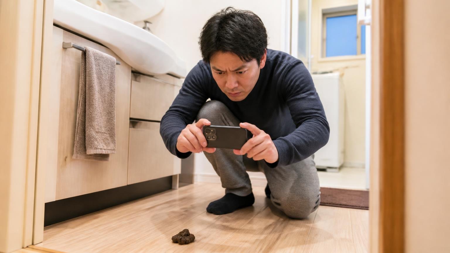 ふんの位置を記録するだけで探す範囲が絞り込める。木造戸建ての洗面所の床でスマホで撮影し記録する住人1人が真剣な表情
