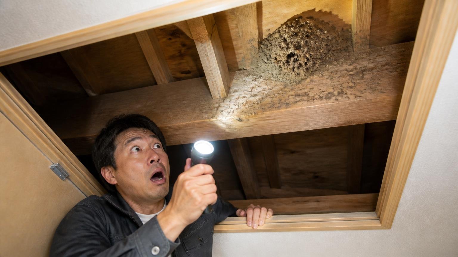 形と落ちている場所で種類を絞り込む 木造戸建ての天井裏の点検口 男性1人 懐中電灯で梁の上を照らし驚く