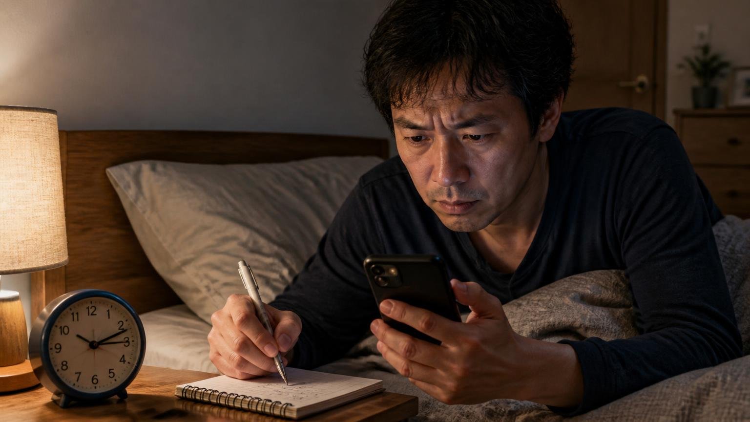 音が鳴る時間帯を確かめる 木造戸建ての寝室で深夜 枕元でスマホに時刻をメモする住人1人 真剣な表情