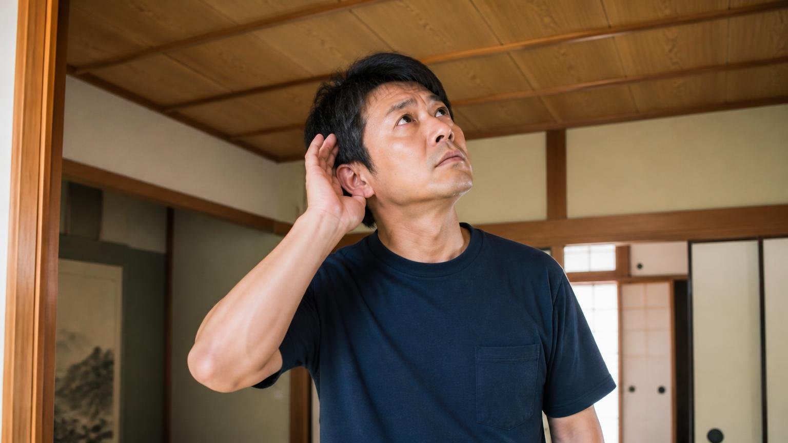 音の違いを聞き分ける。木造戸建ての和室で天井に耳を澄ませる40代男性1人が真剣な表情
