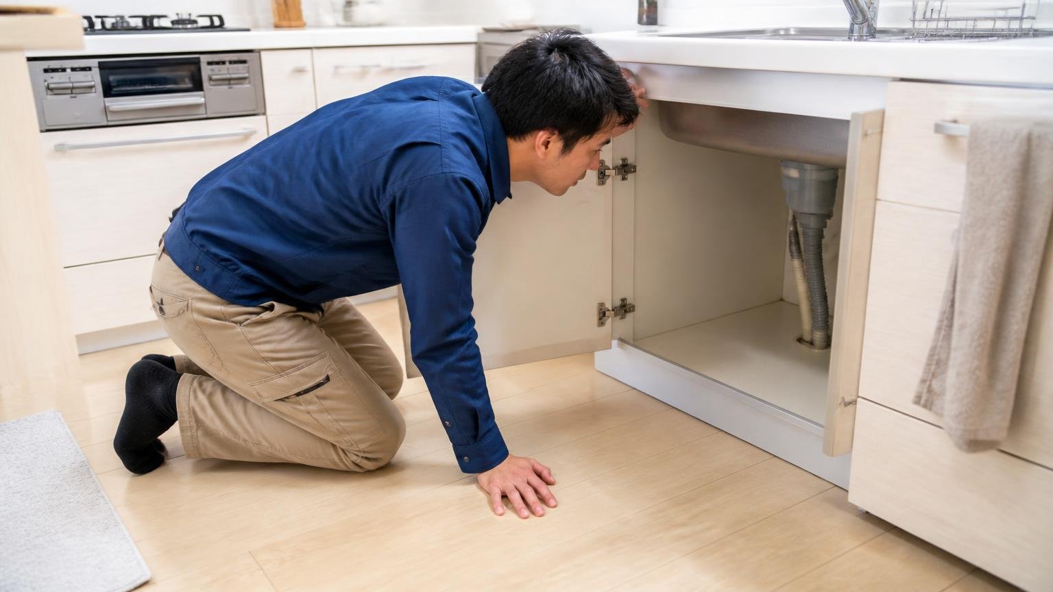 大きさ形場所から絞り込む|住宅のキッチンでシンク下の床際を膝をついて覗き込む男性1人