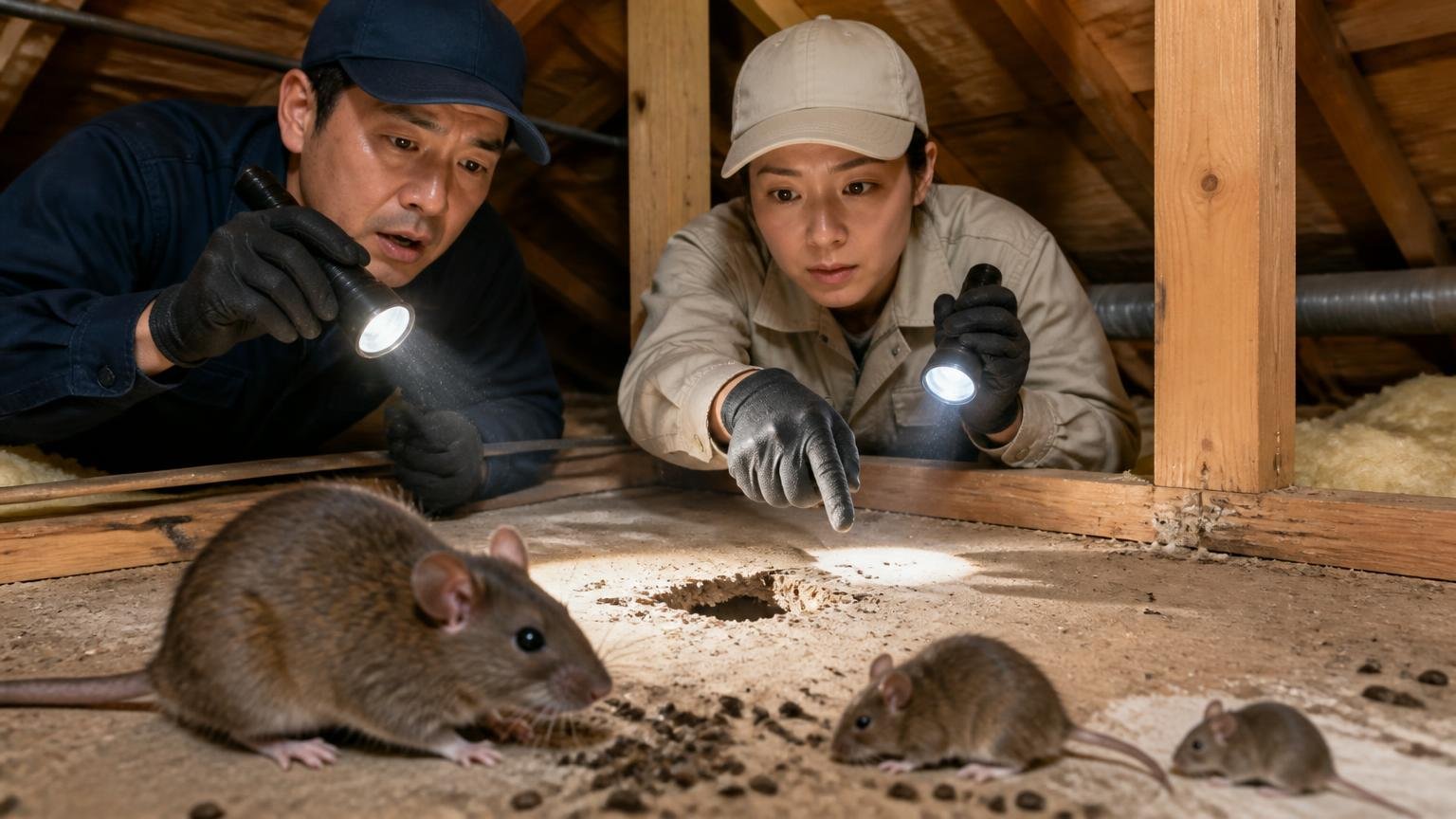 家に入るネズミは3種類で体の大きさが2倍以上違う。木造住宅の天井裏で作業員2人が懐中電灯で痕跡を照らし指さす