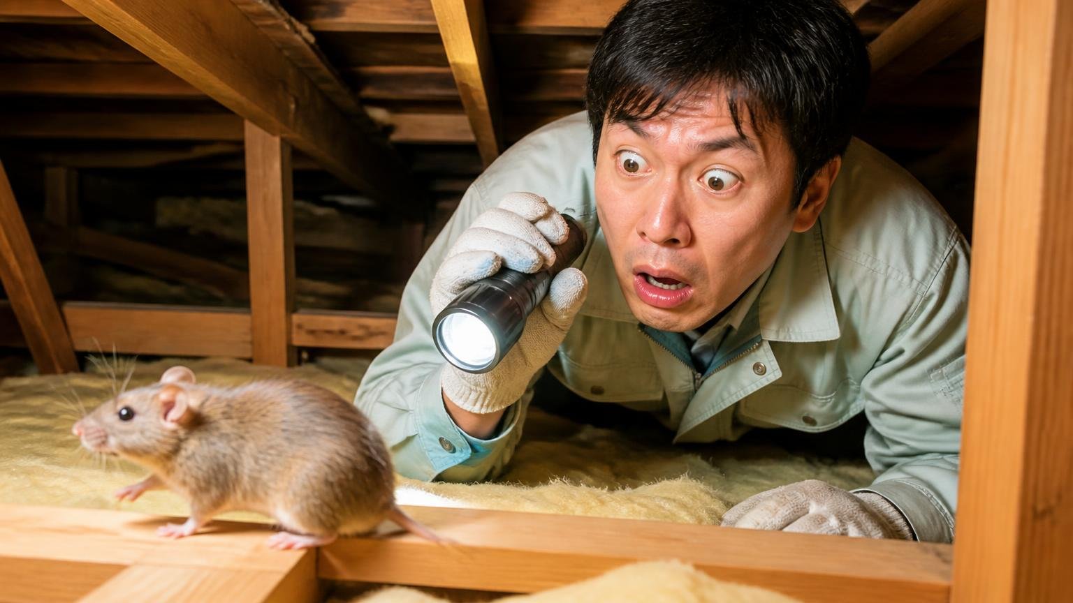 ネズミが新しい物を警戒して動きが変わる、木造戸建ての天井裏を懐中電灯で照らす作業着の男性1人が目を見開く