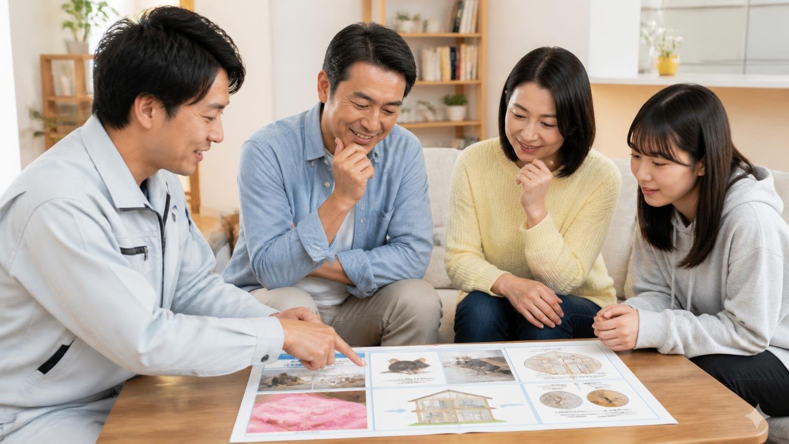ねずみ防除の三原則を断熱材に当てはめる 住宅のリビングで打ち合わせ 作業員と夫婦3人が資料を見て頷く