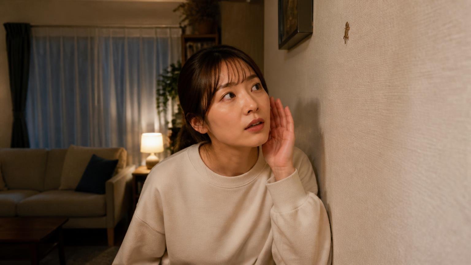 ヤモリの鳴き声は単発で移動しない。夜のリビングで女性1人が壁際のヤモリの声に耳を澄ませる表情