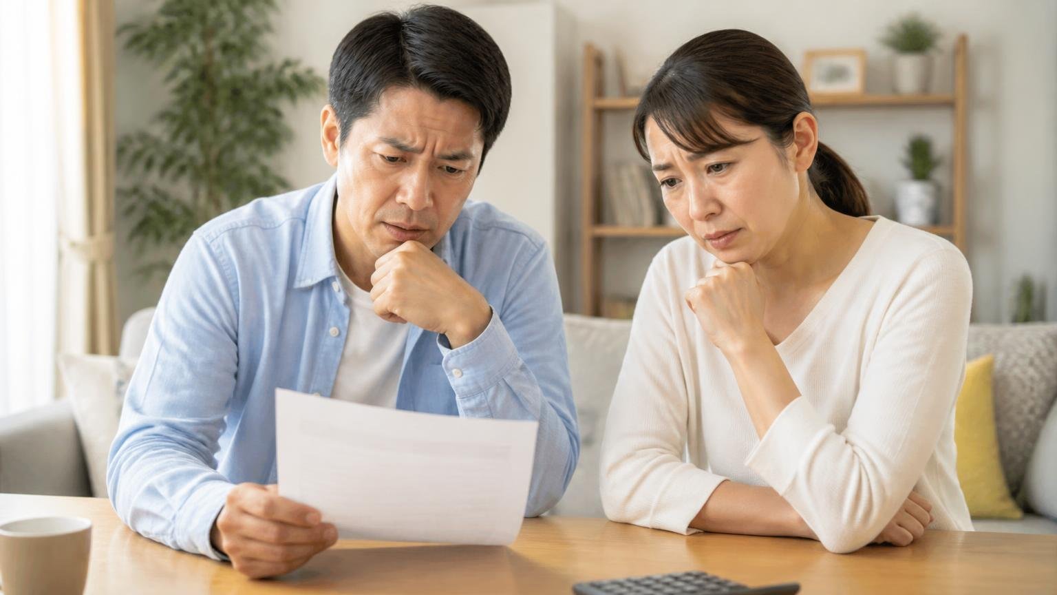 料金表示の読み方 リビングのテーブルで男女2人が見積書を見て眉をひそめる