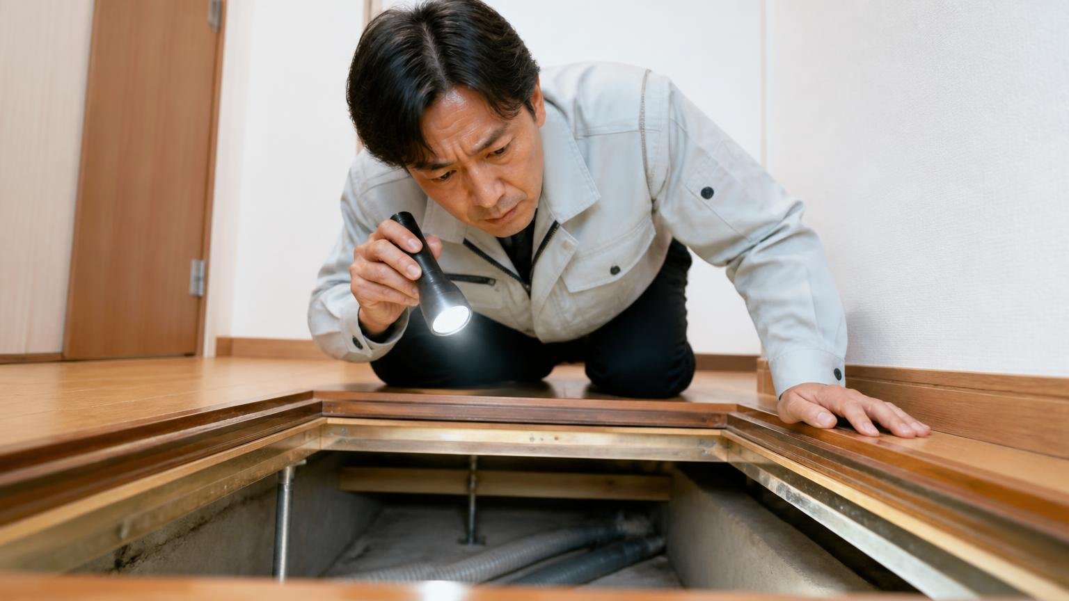 害獣害虫とリフォームまで対応。住宅の床下点検口で作業着の男性が懐中電灯を構え中を覗き込む