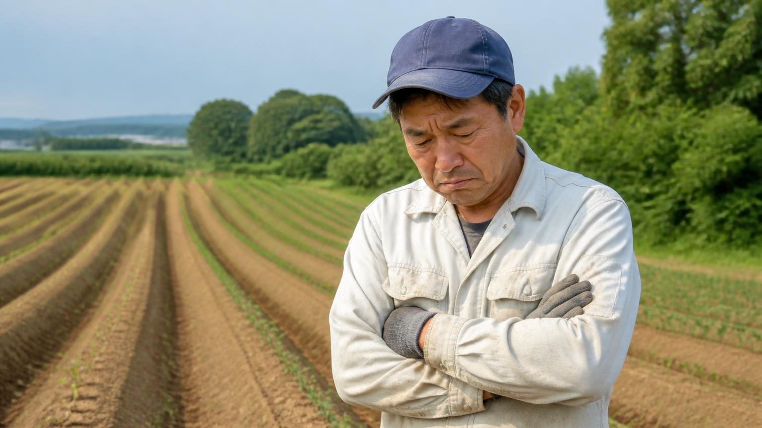 ガムが効かなかったという声も多く寄せられている|畑のうねの前で腕を組み肩を落とす農作業姿の男性1人