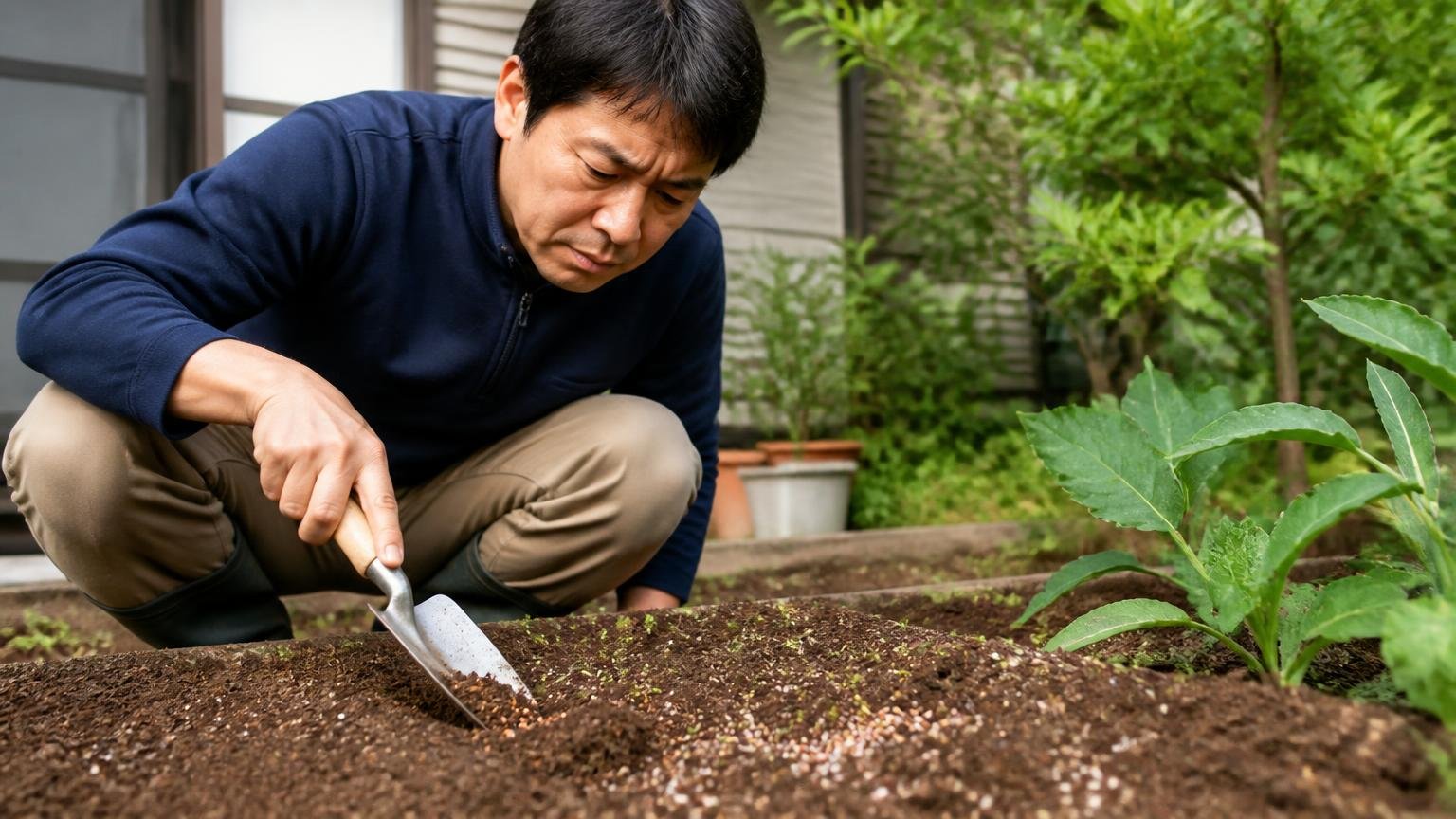 失敗②:地表にまくだけでトンネルに入れていない 庭の土を移植ごてで掘る男性1人が真剣な表情