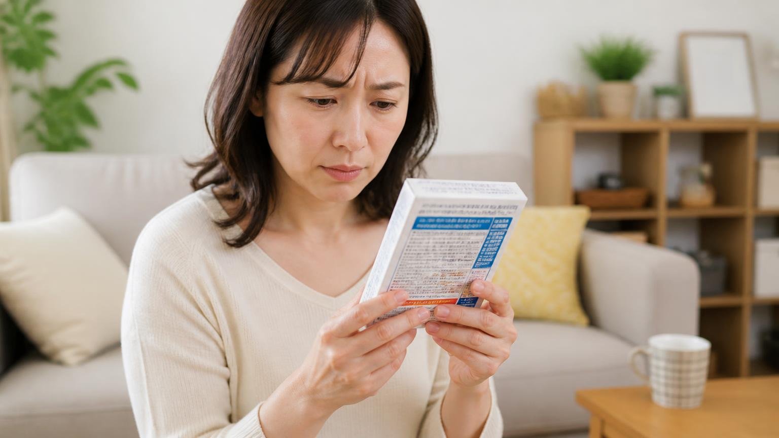 メーカーが認めた効果ではないと知っておく、住宅のリビングで薬の箱の説明書きを読む、女性1人、眉をひそめて確認する