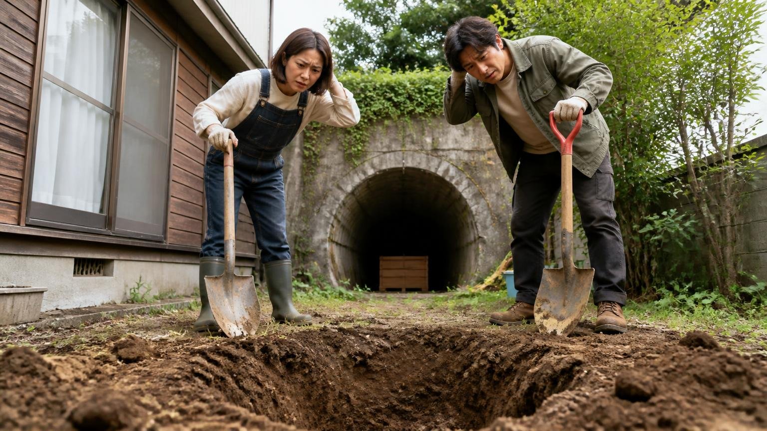 使っていないトンネルに入れている、木造戸建ての庭で男女2人がスコップで穴をのぞき首をかしげる