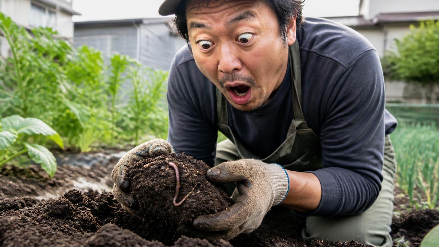 臭いは一時的な壁、餌は消えない引力 家庭菜園の畝 男性1人 土を掘りミミズを見つけ目を見開く