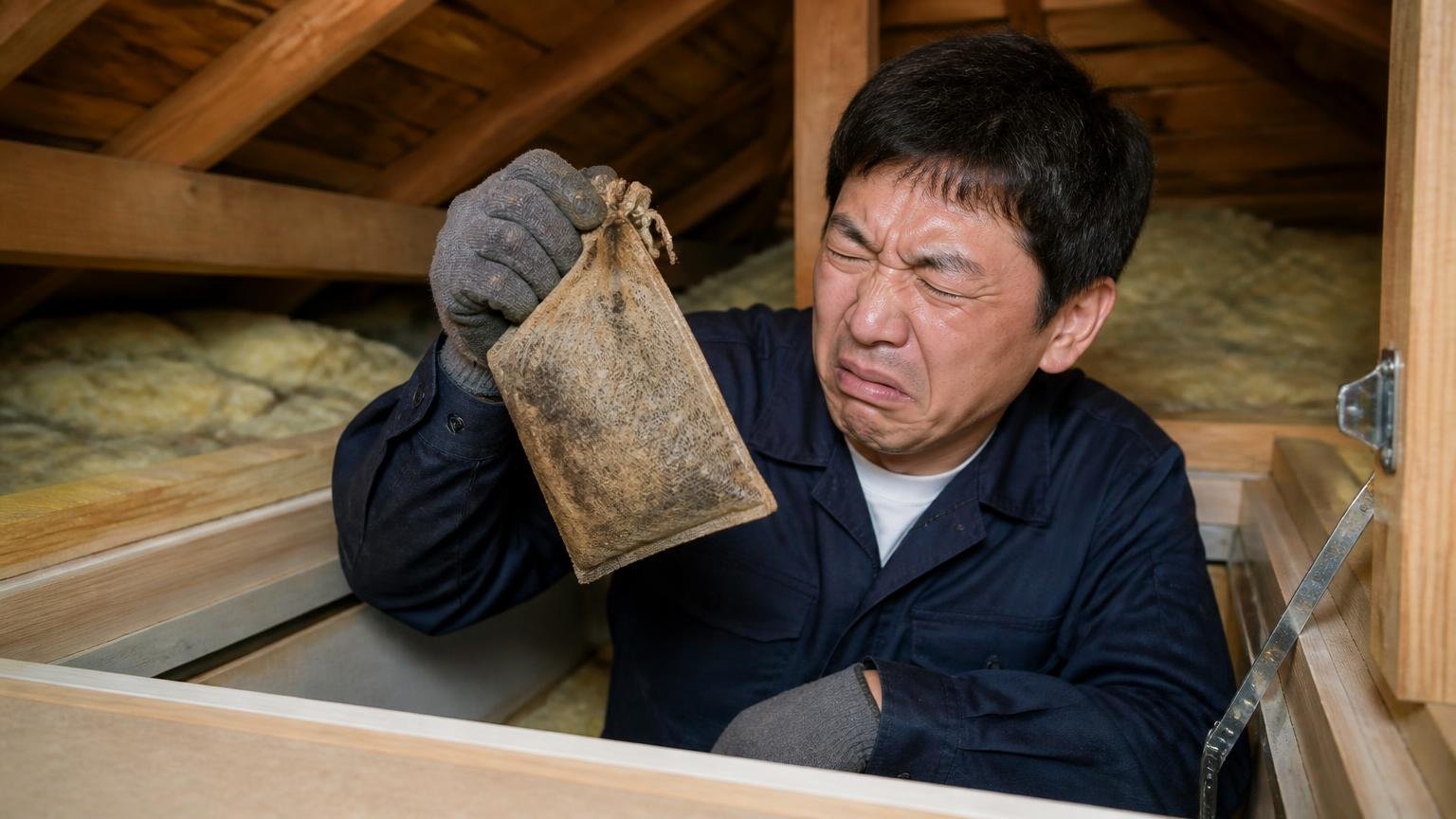 原因②匂いは必ず薄れる 木造戸建ての屋根裏点検口 住人1人が古い忌避剤を手に取り顔をしかめる