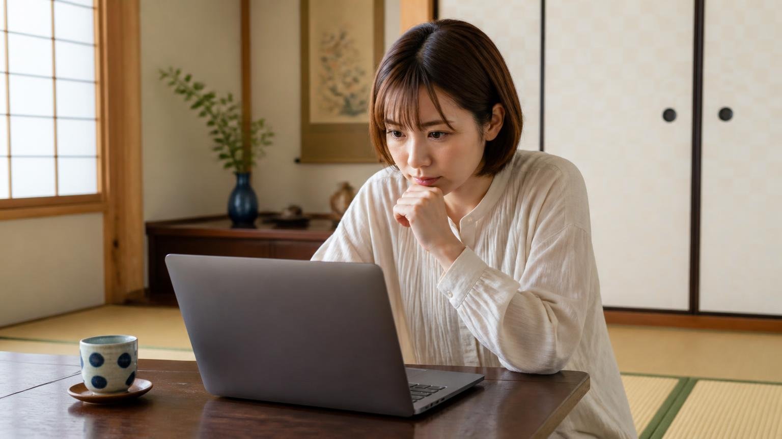 公式サイトのお客様の声を読む。住宅の和室でノートパソコンを見る女性1人が真剣な表情をする