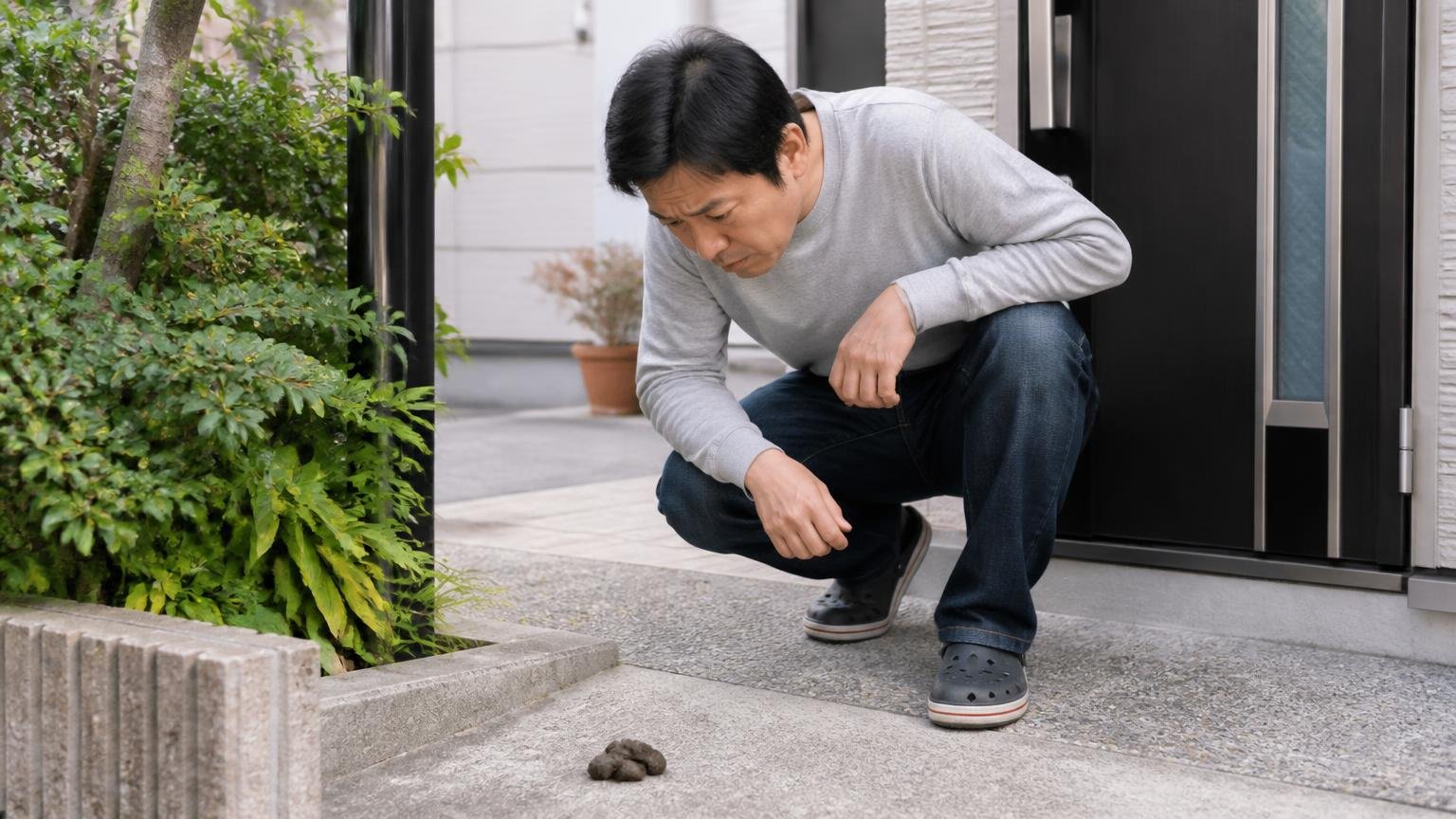 理由②判定タイミングの違い 住宅の玄関前で翌朝フンの有無を確認する住人1人 かがんで見つめる