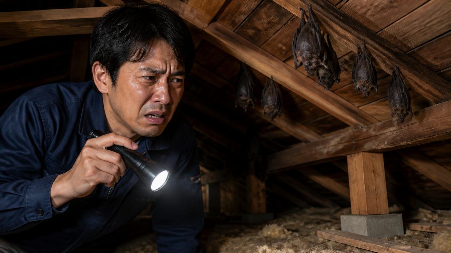 コウモリが慣れてしまう理由。木造戸建ての屋根裏の暗がりで男性1人が懐中電灯を構え眉をひそめる