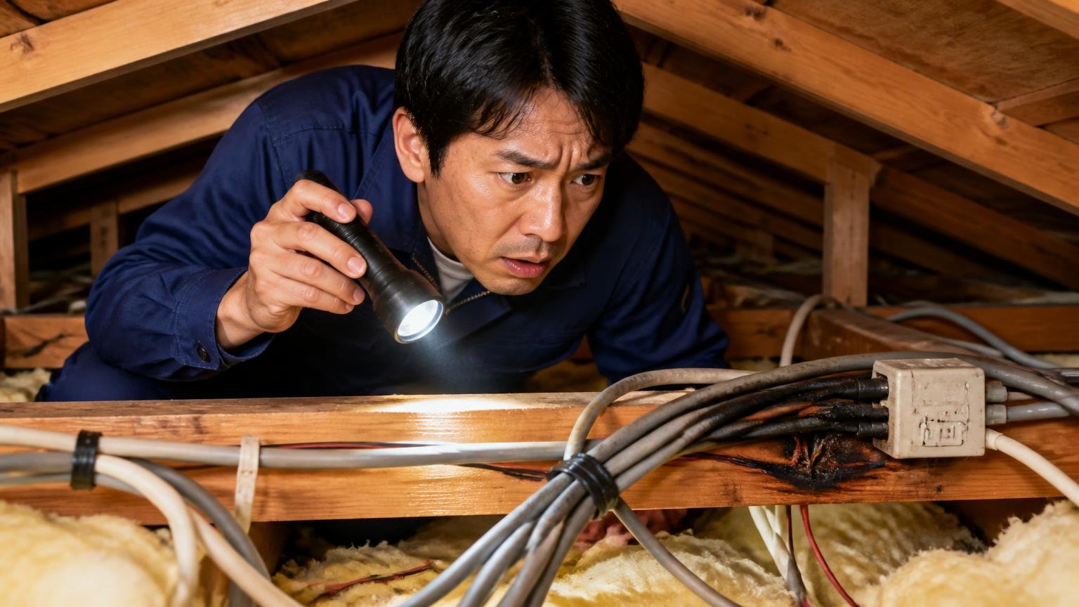 火気の注意書きと屋根裏という場所の相性|木造住宅の屋根裏で男性1人が懐中電灯を手に配線を見て緊張