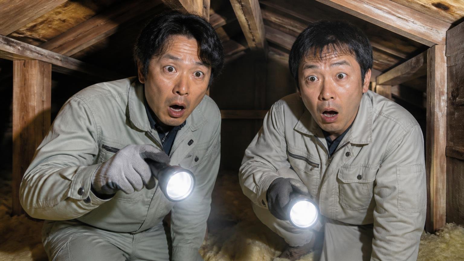 害獣別の口コミを確認|木造戸建ての薄暗い屋根裏で懐中電灯を構える作業服の男性2人が驚いた表情で息をのむ