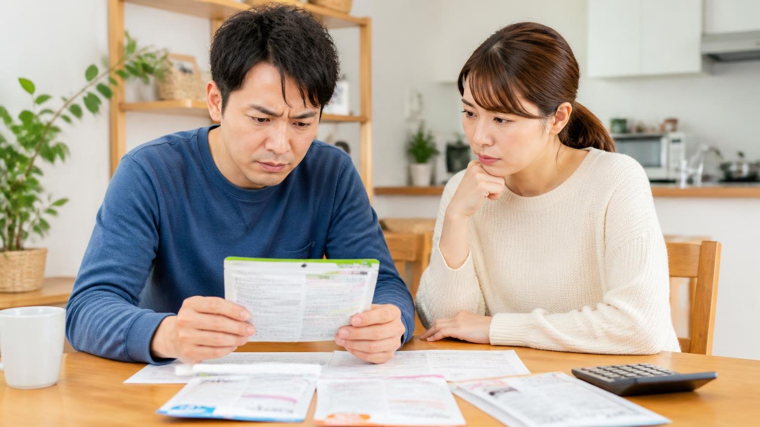 価格と有効範囲を確認する場面。ダイニングテーブルで商品パッケージを広げる30代夫婦が真剣に話し合う
