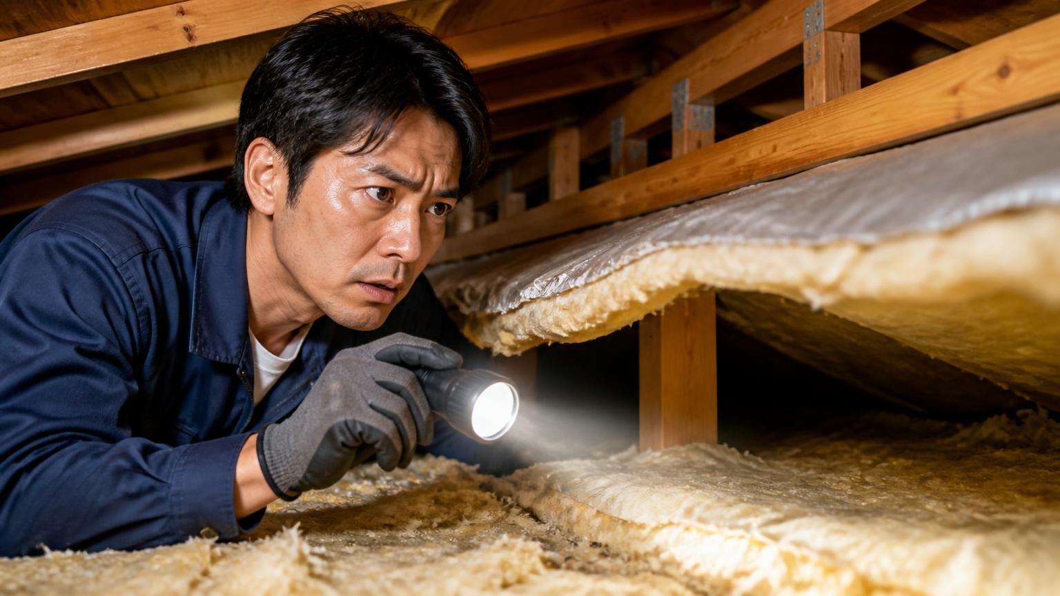 有効範囲70坪を鵜呑みにしない理由 木造戸建ての天井裏で懐中電灯を持ち断熱材の奥を照らす作業員