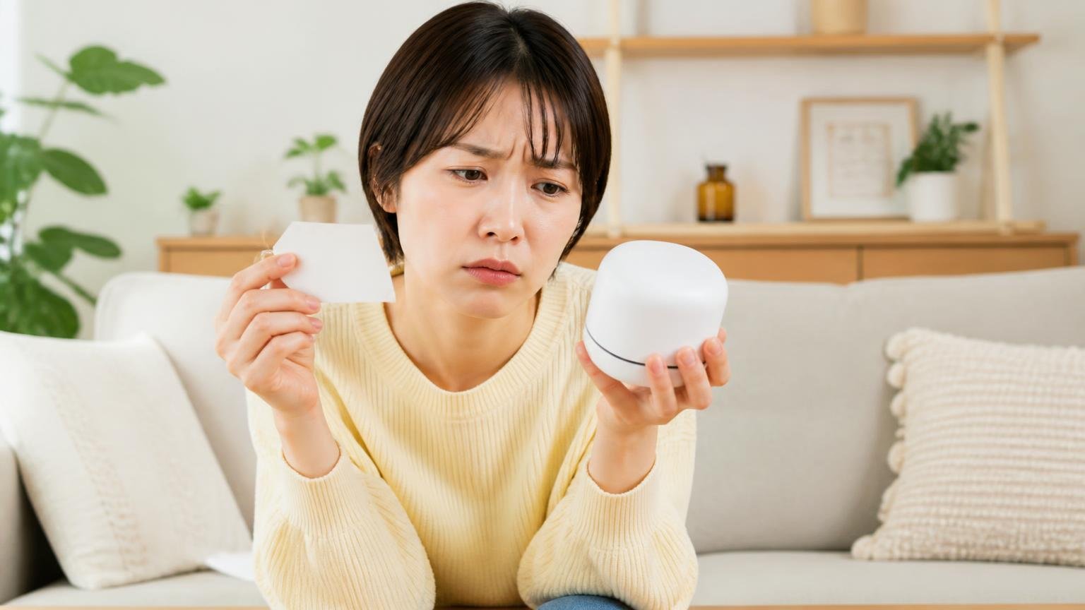 9,980円という価格 リビングで女性1人が手のひらサイズの装置と値札を見比べて悩む