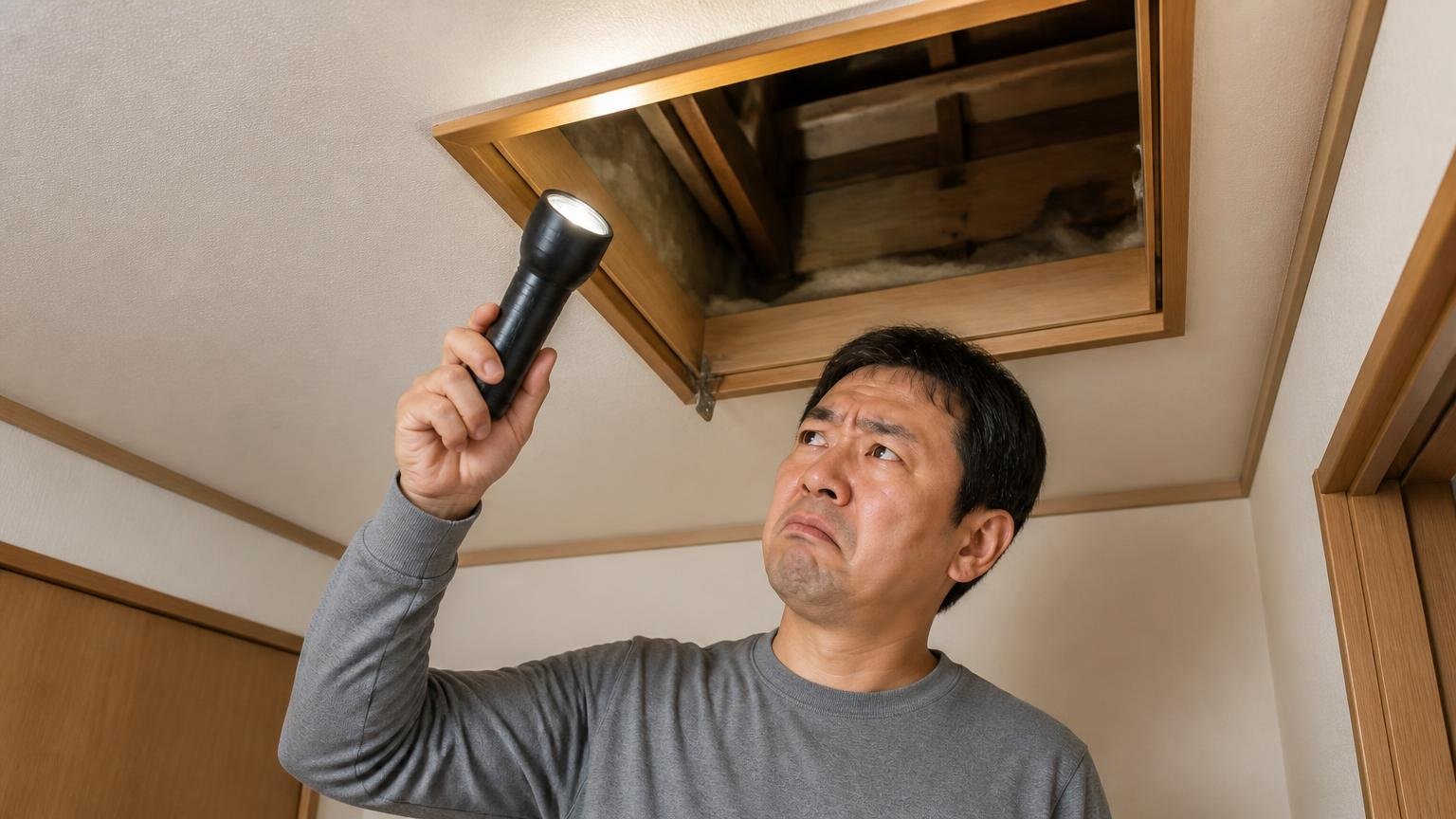 毒餌が効かなかったという口コミ 木造戸建ての天井裏の点検口 住人1人 懐中電灯を持ち上を見上げて渋い顔